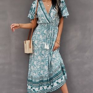 Boho Teal Blue Floral Print Butterfly Sleeve Midi Dress Cottagecore